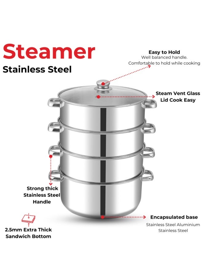 Vinod Stainless Steel 4-Tier Steamer with Glass Lid, 30 cm | 2.5 mm Thick Base | Multi-Purpose Steamer for Momos, Modaks, Vegetables & More | Riveted Handles | Induction & Gas Base - Image 5